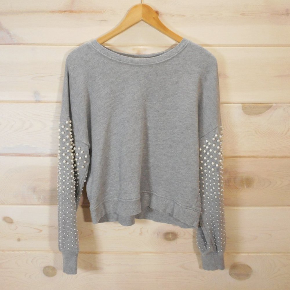 Joie Women's Size M Sweatshirt Gray Faux Pearl Studded Sleeves